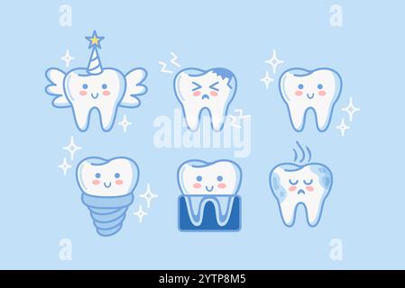 Dents, un ensemble de personnages mignons dans le style kawaii. Fée dentaire, radiographie, implant, caries. Organe sain, système digestif. Illustration vectorielle. Pro de la santé Illustration de Vecteur