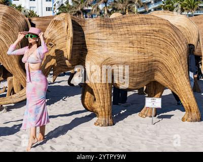 La Grande migration des éléphants, un troupeau de 100 sculptures d'éléphants réalisées par des artistes indigènes. Fait partie de la foire Art Basel à Miami. Avec mannequin de mode Banque D'Images