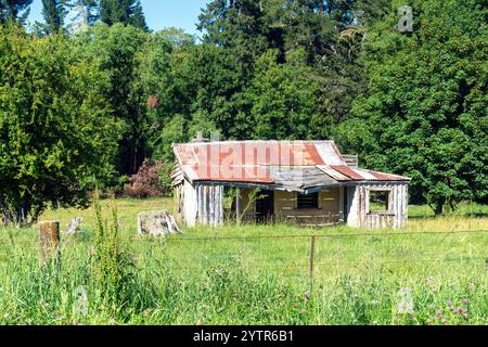 Ferme abandonnée dans la campagne, Fairlie-Tekapo Road, Kimbell, Canterbury, Île du Sud, nouvelle-Zélande Banque D'Images