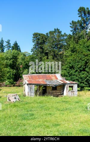 Ferme abandonnée dans la campagne, Fairlie-Tekapo Road, Kimbell, Canterbury, Île du Sud, nouvelle-Zélande Banque D'Images