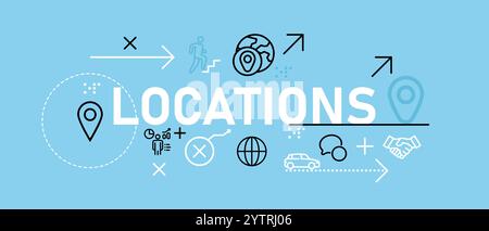 Emplacements d'affaires magasin d'emplacement carte pointeur marqueur pin symbole Web header concept d'illustration avec icône plate couleur bleu vif Illustration de Vecteur