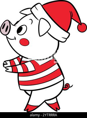 Porc portant chapeau de Père Noël isolé sur fond blanc Illustration de Vecteur