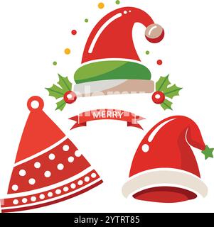 Ensemble de chapeaux de Père Noël réalistes isolés sur un fond blanc. Illustration de Vecteur