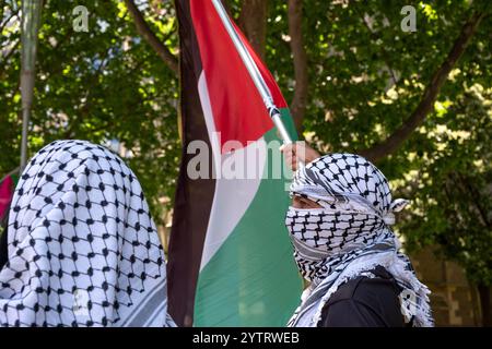 Manifestants arborant un drapeau palestinien lors d'un rassemblement à Melbourne, Victoria, Australie. Banque D'Images