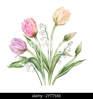 Bouquet de tulipes multicolores Pastel et de tendres lis versés de la vallée. Aquarelle illustration dessinée à la main délicate composition de jardin pérenne Banque D'Images