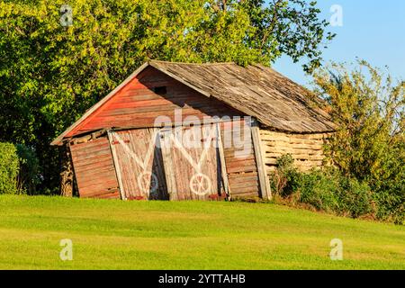 Une grange rouge avec deux portes et un toit. La grange est vieille et a un aspect rustique. L'herbe autour de la grange est luxuriante et verte, donnant à la scène un pois Banque D'Images