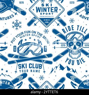 Ensemble de conception de motif sans couture de club de sport de ski. Fond, papier peint, modèle sans couture avec bâton de ski, skis, lunettes de ski et casque. Vecteur Illustration de Vecteur