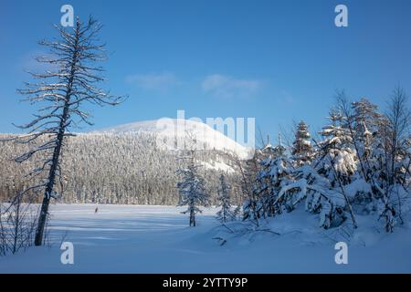 Laponie finlandaise en hiver. Journée ensoleillée et ciel bleu sur paysage enneigé. Un skieur seul marche sur un lac gelé Banque D'Images