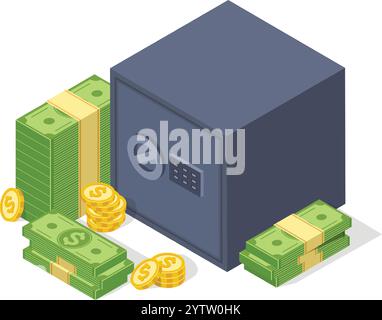 Des paquets de billets de banque en dollars et des piles de pièces d'or entourent un coffre-fort en acier fermé avec un clavier numérique, suggérant la sécurité, l'épargne et la sécurité financière Illustration de Vecteur