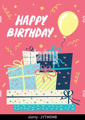 Carte de voeux colorée célébrant un joyeux anniversaire avec une pile de cadeaux emballés, décorée de rubans et de noeuds et un ballon flottant sur un fond rose vif avec des confettis et des banderoles. Illustration de Vecteur