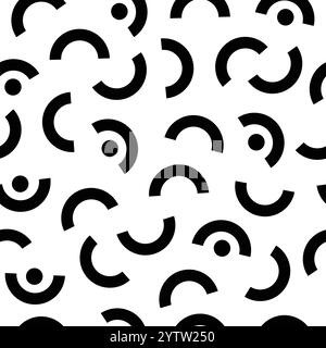 Motif sans couture avec des formes géométriques noires sur un fond blanc, créant un design dynamique et visuellement attrayant avec des demi-cercles et des cercles Illustration de Vecteur