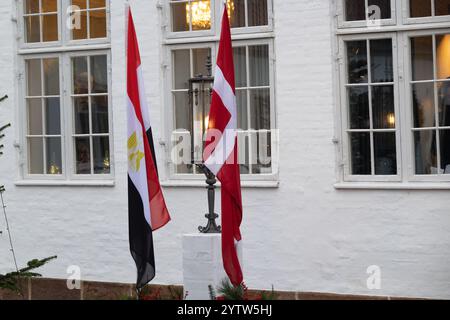 Kongens Lyngby, Danemark. 07 décembre 2024. Le drapeau national de l'Egypte (l) et le drapeau du Danemark (R) à Marienborg à Kongens Lyngby, Danemark, le samedi 7 décembre 2024 crédit : SOPA images Limited/Alamy Live News Banque D'Images