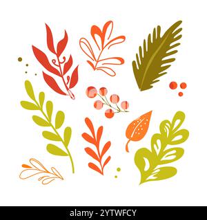 Plantes de couleur vectorielle pour Noël. Plantes dans le style du motif. Clipart isolé pour la conception de vacances Illustration de Vecteur