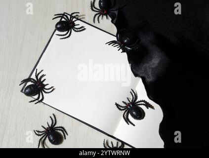 Image décorative avec des araignées dans la lumière du soleil pour Halloween. Fond blanc pour le texte pour les vacances. Banque D'Images