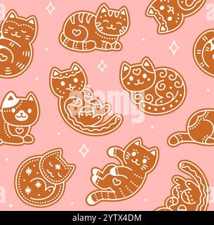 Motif sans couture de biscuit de chat en pain d'épices de dessin animé mignon. Griffonnages simples et adorables dessinés à la main sur fond rose. Illustration vectorielle de Noël. Illustration de Vecteur