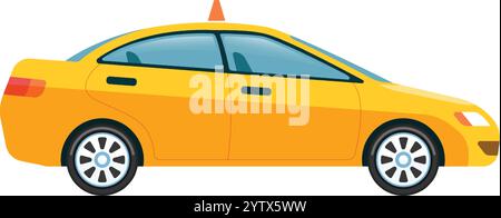 Voiture de tourisme fonctionnant comme une cabine de taxi, se distinguant par sa couleur jaune vif et la lumière de toit éclairée, attendant patiemment les passagers sur un Illustration de Vecteur