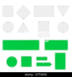 Panneaux verts vierges et panneaux routiers blancs. Gabarit, maquette, vue de face. Rendu 3D isolé sur fond blanc Banque D'Images