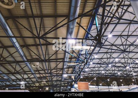 Le plafond d'un hangar industriel éclairé par des lampes fluorescentes Banque D'Images