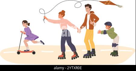 Parents se tenant les mains et patinant à roulettes avec leurs enfants, fille à cheval sur un scooter et fils apprenant à patiner à roulettes, mère pilotant un cerf-volant, famille Illustration de Vecteur