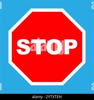 Le panneau stop octogonal rouge transmet un message d'arrêt et de cessation sur un fond bleu vif Illustration de Vecteur