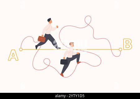 Moyen facile de résoudre un problème complexe, parcours raccourci pour l'objectif, succès de carrière. Les petites personnes choisissent un chemin difficile et plus facile pour marcher du point A au point B, illustration vectorielle de dessin animé sans effort Illustration de Vecteur