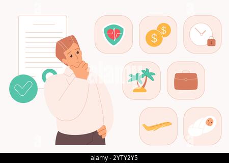 Avantages sociaux, motivation, primes et incitations des employés. Minuscule homme pensant aux avantages du contrat des employeurs, paquet d'assurance maladie et de vacances, voyage et illustration vectorielle de dessin animé de carrière Illustration de Vecteur