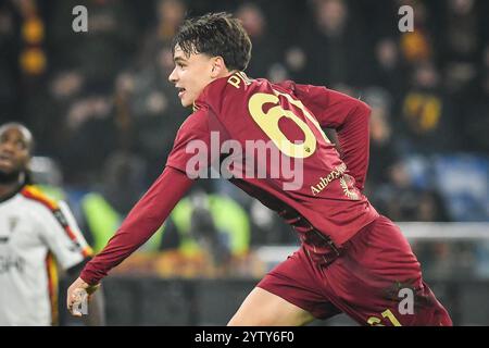 Niccolo PISILLI de l'AS Roma célèbre son but lors du championnat italien Serie A match de football entre L'AS Roma et l'US Lecce le 7 décembre 2024 au Stadio Olimpico de Rome, Italie Banque D'Images