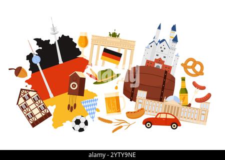 Voyage en Allemagne, culture et point de repère, nourriture dans le collage infographique. Drapeau allemand et carte, saucisse et bière du festival Oktoberfest, porte de Brandebourg, illustration vectorielle de dessin animé du château de Neuschwanstein Illustration de Vecteur