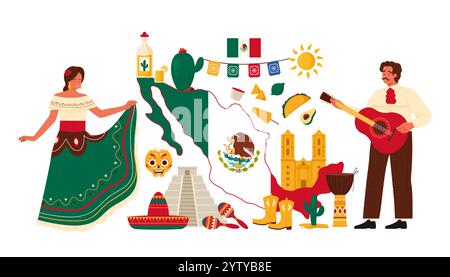 Voyage au Mexique collage d'affiches infographiques avec des mexicains en robe traditionnelle et instrument de musique, éléments de culture, monuments historiques, carte avec illustration vectorielle de dessin animé de motif de drapeau Illustration de Vecteur