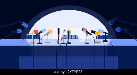 Reportage TV, annonce de nouvelles, interview pour l'illustration vectorielle de bande dessinée des médias de masse. Auditorium de conférence de presse salle vide avec table, microphones en attente de haut-parleur Illustration de Vecteur
