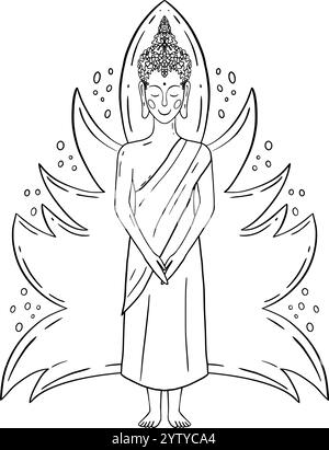 Un dessin au trait complexe et détaillé de Bouddha, rayonnant de tranquillité et de paix au milieu d'éléments floraux stylisés. Graphismes vectoriels en noir et blanc dessinés à la main en dessin au trait pour les matériaux imprimés, les intérieurs et plus encore. Illustration de Vecteur