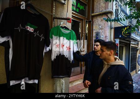 Istanbul, Turquie. 08 décembre 2024. Les jeunes Syriens affluent pour acheter des vêtements imprimés du drapeau syrien en préparation d’une marche dans la ville turque d’Istanbul suite à l’annonce de la chute du régime d’Assad. Crédit : SOPA images Limited/Alamy Live News Banque D'Images