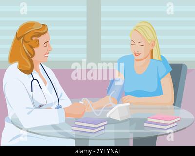 docteur avec le patient. médecine, soins de santé et concept de personnes - femme médecin souriant femme patient à l'hôpital Illustration de Vecteur