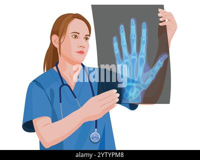 Médecin vérifiant une radiographie, Smart Woman Doctor vérifie l'image radiographique du film de main de la machine. Analyser une progression de la maladie après une chimiothérapie complète, Illustration de Vecteur