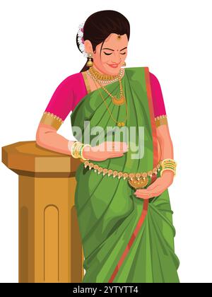 Femme enceinte indienne, concept de grossesse. Femme indienne dans le saree traditionnel. Illustration de Vecteur