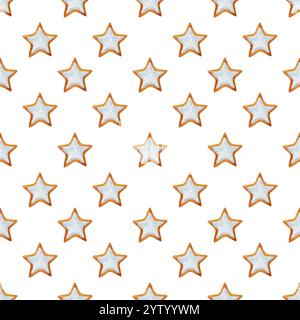 Motif sans couture de Noël avec des biscuits en pain d'épice en forme d'étoile sur fond blanc. Motif sans fin de vacances. Papier scrapbook, papier numérique. Motif Banque D'Images