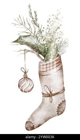 Illustration aquarelle festive de Noël. Chaussette dessinée à la main avec brins de houx avec feuilles persistantes parfaites pour les cartes de vacances ou les invitations hivernales. Banque D'Images