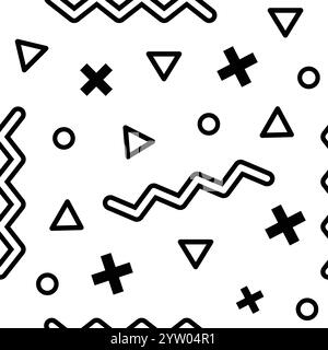 Les formes géométriques noires comprenant des signes plus, des triangles, des cercles et des lignes en zigzag créent un motif dynamique et moderne sans couture sur fond blanc, évoquant une esthétique rétro des années 80 ou 90 Illustration de Vecteur