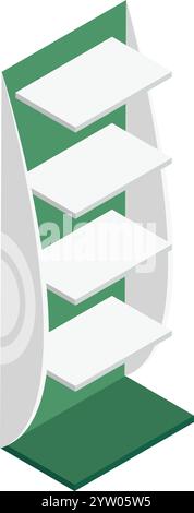 Vue isométrique d'un présentoir vide et moderne avec des étagères blanches et des accents verts, prêt pour le placement des produits dans un environnement de magasin Illustration de Vecteur