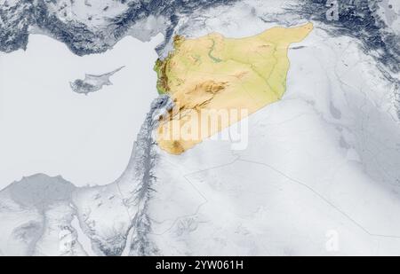 Carte physique de la Syrie, vue satellite du moyen-Orient, Asie. Liban, Israël. Reliefs et océans. rendu 3d. Banque D'Images