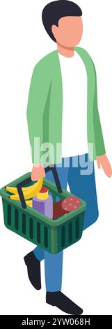 Jeune homme portant un panier rempli de produits d'épicerie, y compris des bananes fraîches, une bouteille de jus de fruits et du salami, repartant heureux après avoir terminé un voyage de shopping réussi Illustration de Vecteur