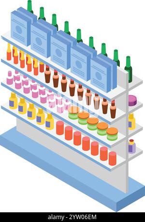 Étagère de supermarché bien organisée présentant une variété de produits, y compris des marchandises emballées, des boissons et des cosmétiques, dans une perspective isométrique mettant en évidence l'agencement des articles Illustration de Vecteur