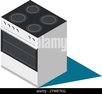 Vue isométrique d'une cuisinière moderne avec quatre brûleurs sur le dessus et un four en dessous, mettant en valeur ses capacités de cuisson dans un cadre de cuisine contemporain Illustration de Vecteur