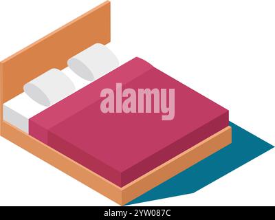 Lit double confortable avec draps roses, deux oreillers et un cadre en bois, présenté dans la vue isométrique, parfait pour la détente et les projets de design d'intérieur Illustration de Vecteur