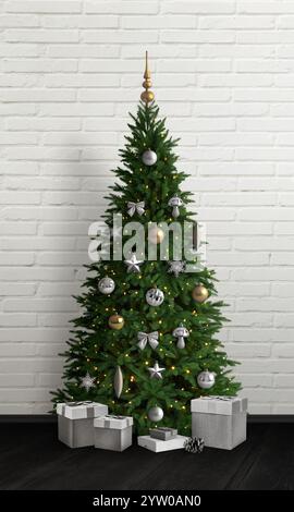 Sapin de Noël avec des décorations blanches et des lumières devant un mur de briques blanches, avec des cadeaux blancs à la base, parfait pour les promotions festives Banque D'Images