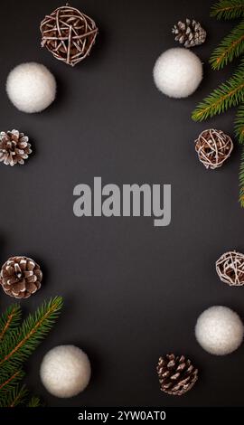 Vue de dessus plat de décorations de Noël sur un fond noir, entouré d'ornements blancs, de branches de sapin et de pommes de pin, avec espace central Banque D'Images