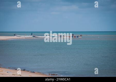 Dhanushkodi, Tamil Nadu, Inde - 10 octobre 2024 : bateaux de pêche sur les rives de la plage de Dhanushkodi au milieu d'une côte pittoresque et tranquille Banque D'Images