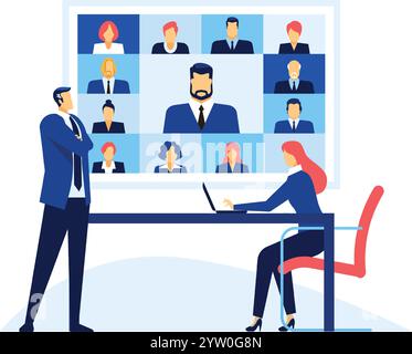 Collègues professionnels participant à une réunion en ligne par visioconférence, en utilisant un ordinateur portable pour se connecter avec des participants distants et discuter de questions professionnelles Illustration de Vecteur