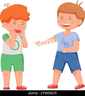 Garçon pointant un autre garçon qui pleure, illustrant l'intimidation et la moquerie parmi les enfants tout en soulignant le besoin d'empathie dans les interactions de l'enfance Illustration de Vecteur