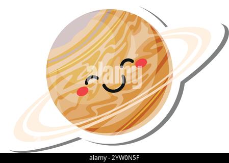 Jupiter, la plus grande planète du système solaire, souriante aux joues roses et entourée de ses anneaux emblématiques, crée un kawai joyeux et éducatif Illustration de Vecteur